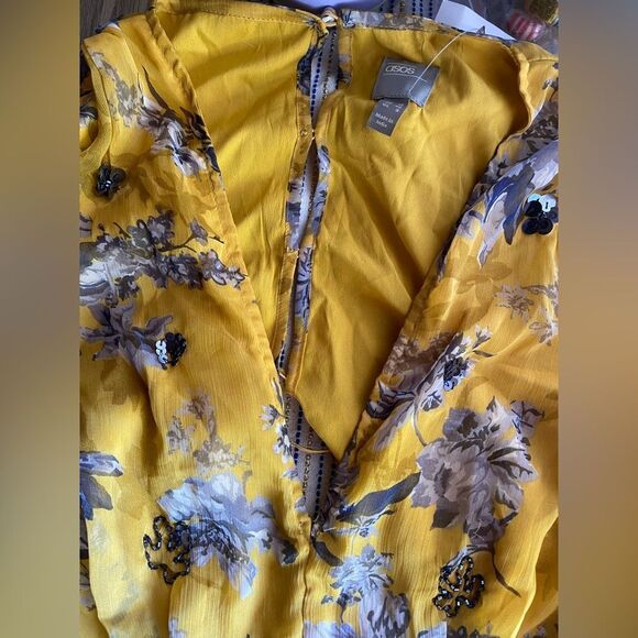 ASOS DESIGN Long Sleeve Mini Dress Yellow Floral Print Sequin Silver Sz 8 NEW - Picture 16 of 16
